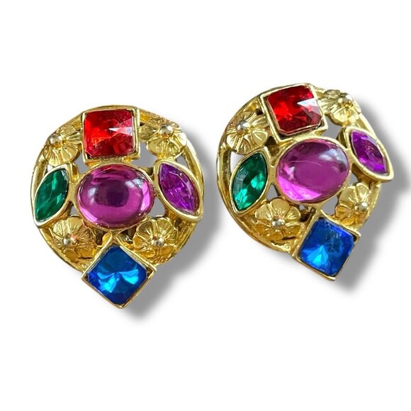 Vintage 1980s Gripoix Earrings Gold Jewel Tone Runway Mogul Cabochon Clip On - Picture 3 of 10